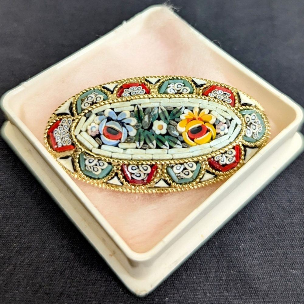 Made in Italy - Large Micro Mosaic Oval Floral Brooch Pin